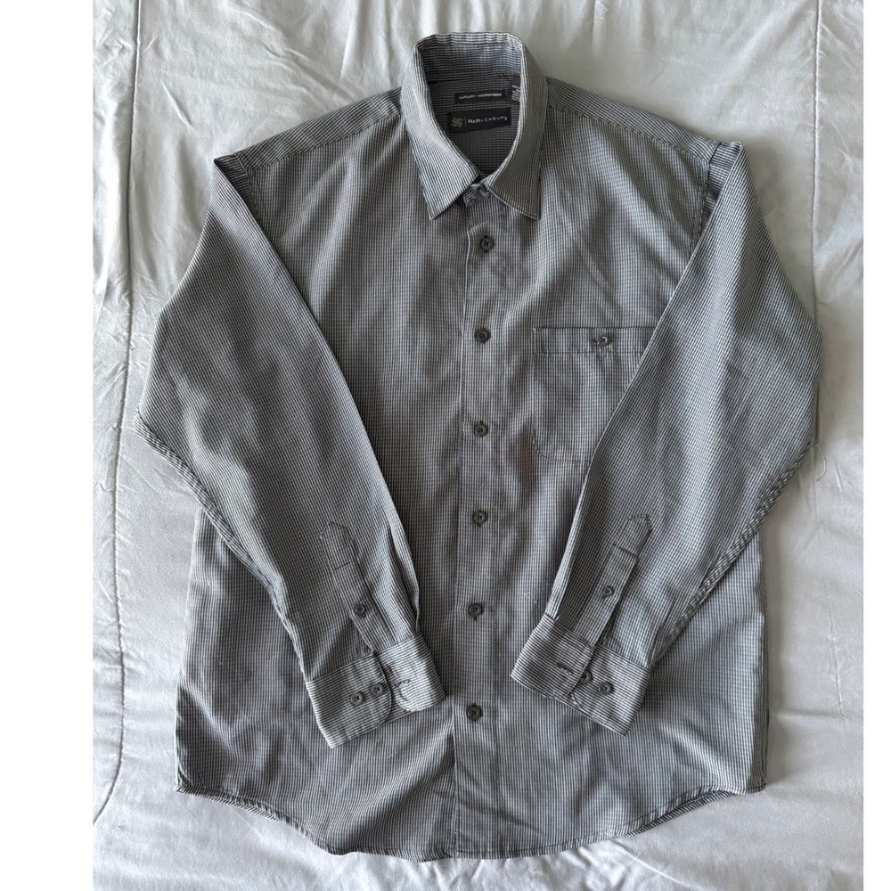 R&R Casual Button Down Shirt Mens Medium Grey Black Microfiber Long Sleeve